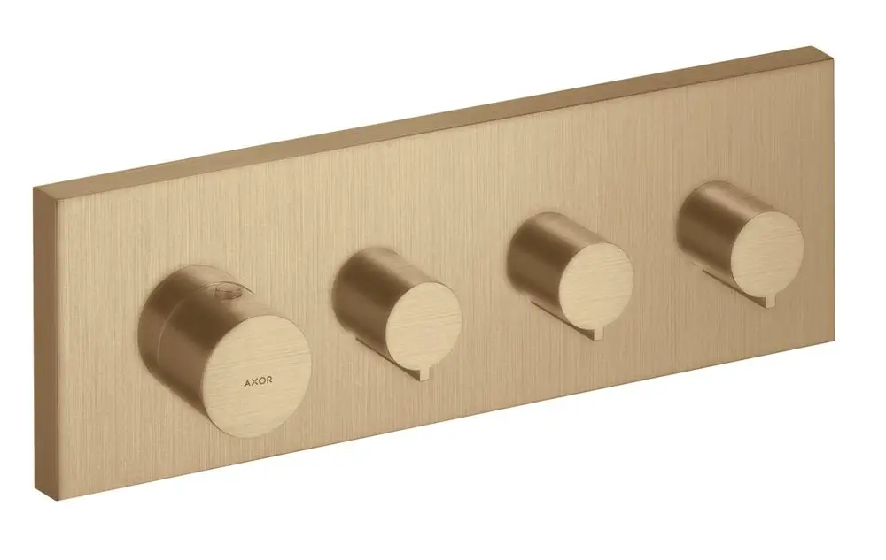 Thermostatmodul mit vier Bedienelementen in Brushed Bronze, montiert auf einer rechteckigen Platte. Marke AXOR.